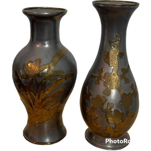 Accents Two Pewter Brass Overlay Vases Vintage Made In Hong Kong